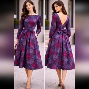 Laura Ashley Purple Floral Long-Sleeve Midi Dress with Bow Medium US10